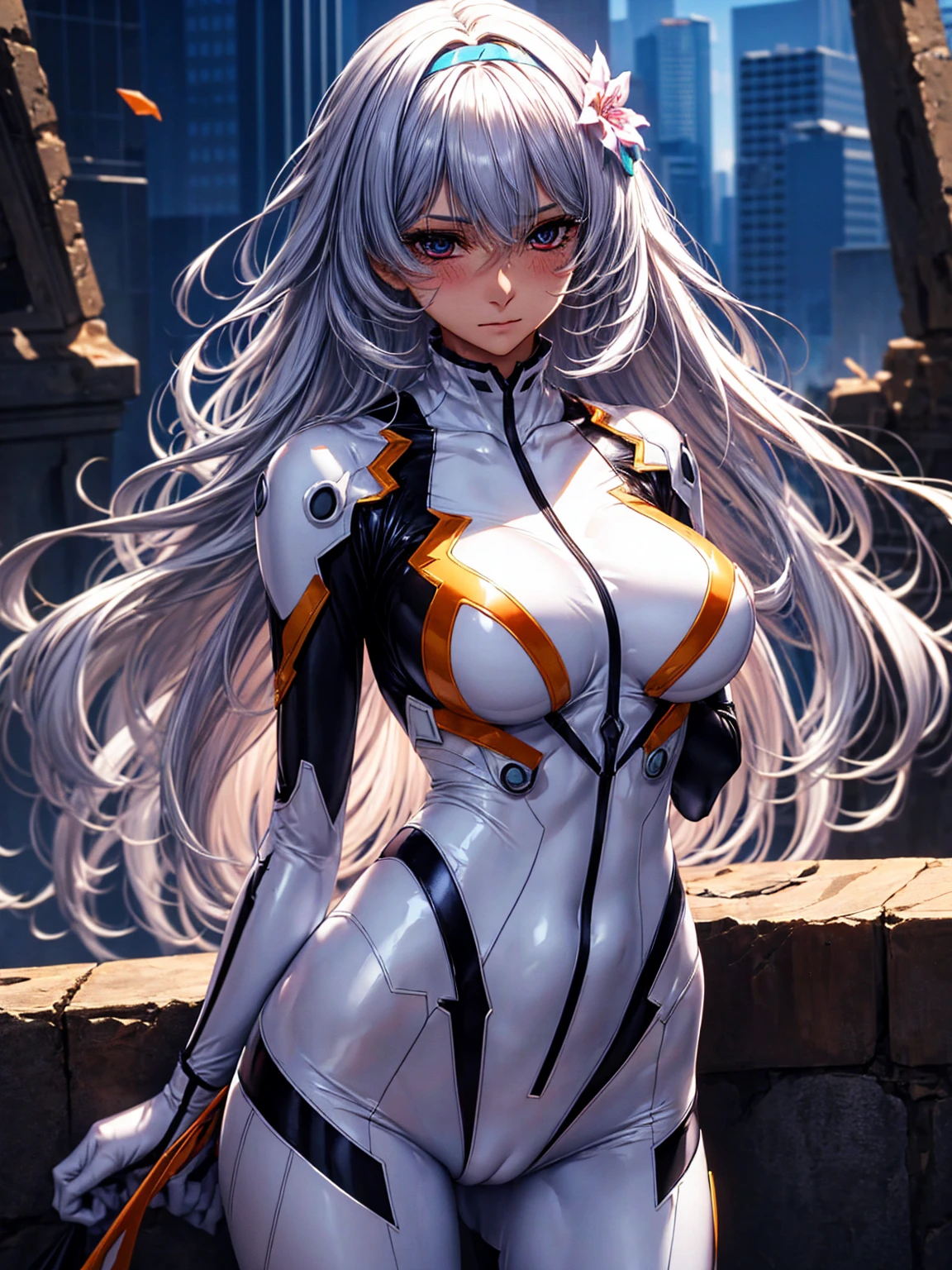 top-quality、tmasterpiece、Very high resolution、super high image quality、High-quality pixels)、perfect eyes, perfect face, perfect body figure，solo，8K, large breast，(Detailed description of hair), (Detailed description of face),(Detailed description of body), fair and clear skin, matchless beauty, long legged, (grey hair of waist length details expressed:1.2), detailed purple eye, single flower hair band, mild expression, blush, white bodysuit, (EVA Rei's Bodysuit:1.2), in the broken buildings, in the relics