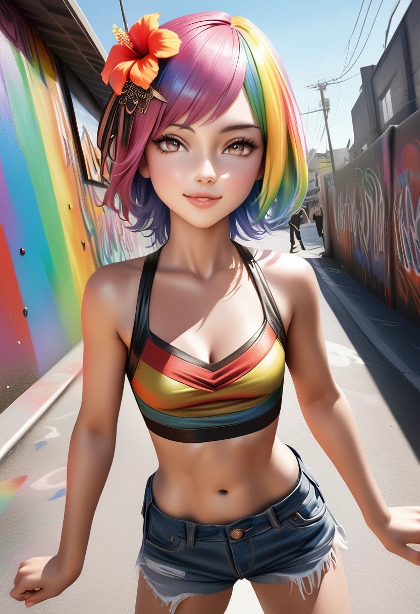 (Maste Piece:1.3),(8K,Photorealistic,Raw Photo,Highest Quality:1.4),Beautiful Face,(Realistic Face),Beautiful Detailed Eyes,(Realistic Skin),Charming,Intricate Details,Golden Ratio,1 Girl,Naughty Smile,(Rainbow Hair:1.4),((Short Hair,Ribbon 1.4)),Idol,(Hibiscus Hair Ornament),Off Shoulder,Cleavage,Midriff Peek,Street,Graffiti Wall,Dynamic Pose,Dynamic Angle,Intricate Details,Hyper Realistic,Perfect Anatomy