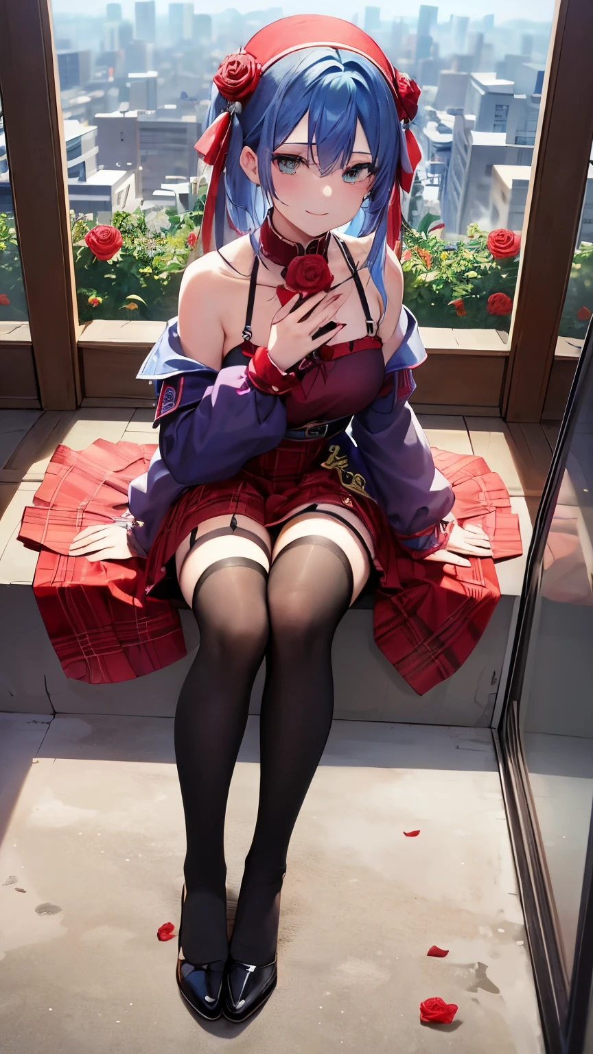 Blue Hair,Medium Hair,(Put a red rose in your hair),Green Eyes,(((Put your hands together))),(((pray))),Rose-patterned clothes,,Black thigh-high socks,smile,Rose petals flutter