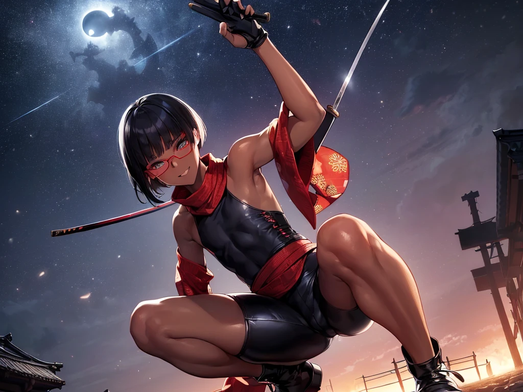 (flat chest:), (masterpiece:1.2), highest quality, High resolution, unity 8k wallpaper, (fine and beautiful eyes:1.6), highly detailed face, perfect lighting, Detailed CG, (perfect hands, perfect anatomy), (1 boy solo:1.4), 20 years old, black hair, extremely beautiful detailfeminine face and eyes, (evil smile:1.4), detailed eyes, best quality,( dark skin:1.8), (turtleneck shirt under yukata:1.2), (bike shorts:1.2), extremely detailed, very precise detailed, (glasses:1.3), blunt bangs, open mouth, (very short pixie cut:1.2), boots,fingerless gloves, smile, half closed eyes, ,(on kawara roof),night sky, ,long sidelocks,(long red Scarf),(yukata),(squatting), ears,(acrobat pose:1.3),(squat:1.3),leaning forward,(one knee dwon:1.5),(Put one foot in front:1.3),(stylish pose:1.4),(2 legs:1.9),(arm up:1.4),(grab katana:1.3)