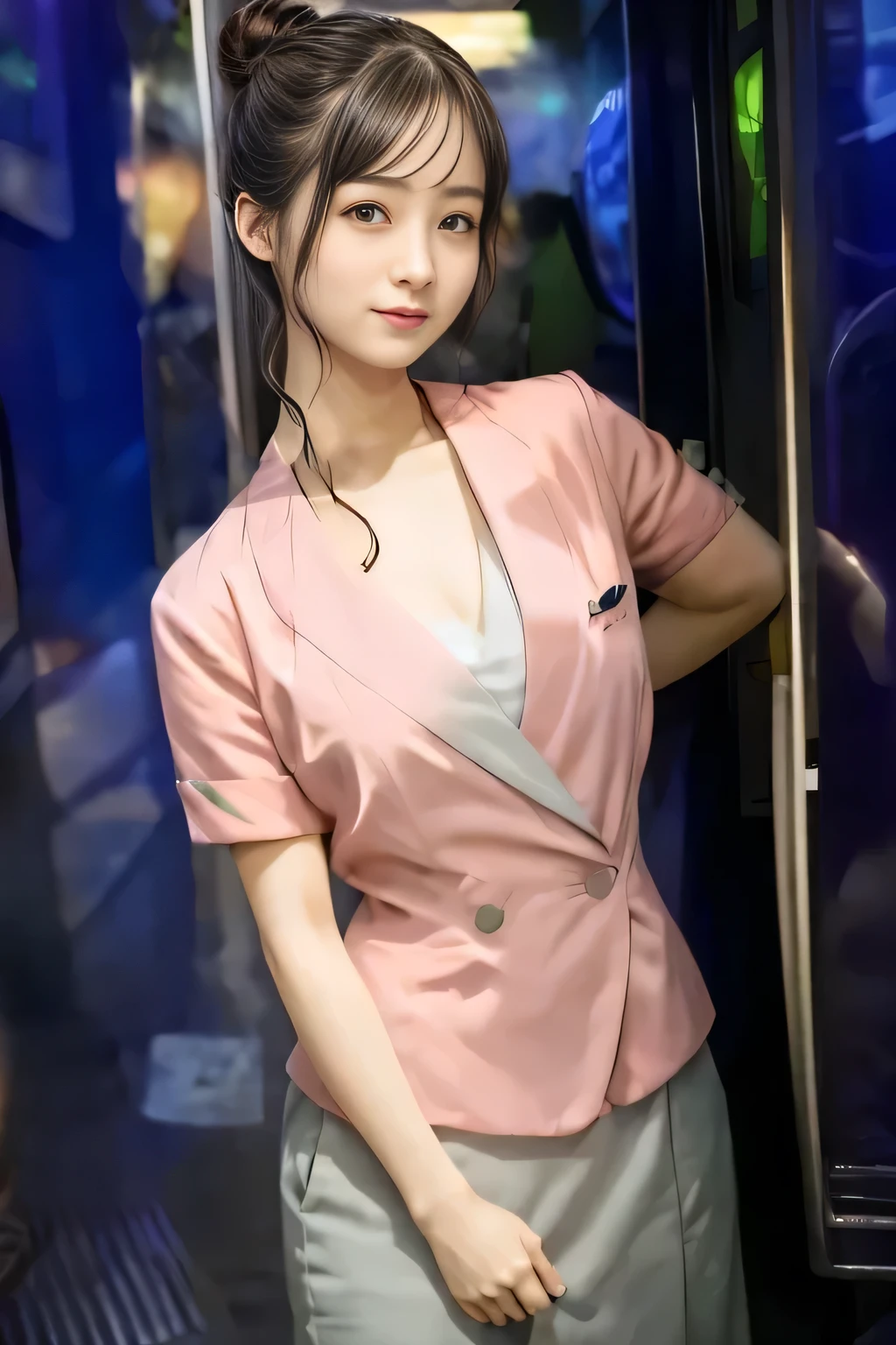 (masterpiece:1.2, highest quality:1.2), 32K HDR, High resolution, (alone、1 girl)、（On the rooftop of a building in the daytime、Professional Lighting）、Building rooftop background、（Nankai train crew uniform pinkを着たリアルスタイル）、（Nankai train crew uniform pink short sleeve collarless pink jacket、Nankai Train Crew Uniform Pink Collarless Short Sleeve Blouse、Nankai Train Crew Uniform Pink Grey Knee-length Culottes）、（（The bottom of the pink short-sleeved jacket cannot be tucked into the clay-colored culottes.））、Dark brown hair、（Hair tied up、Hair Bun、Hair Bun）、Dark brown hair、Long Shot、Big Breasts、Thin legs、（（Great hands：2.0）），（（Harmonious body proportions：1.5）），（（Normal limbs：2.0）），（（Normal finger：2.0）），（（Delicate eyes：2.0）），（（Normal eyes：2.0））)、（Nankai Train Crew Uniform Pink Grey Knee-length Culottesを見せた美しい立ち姿）、smile