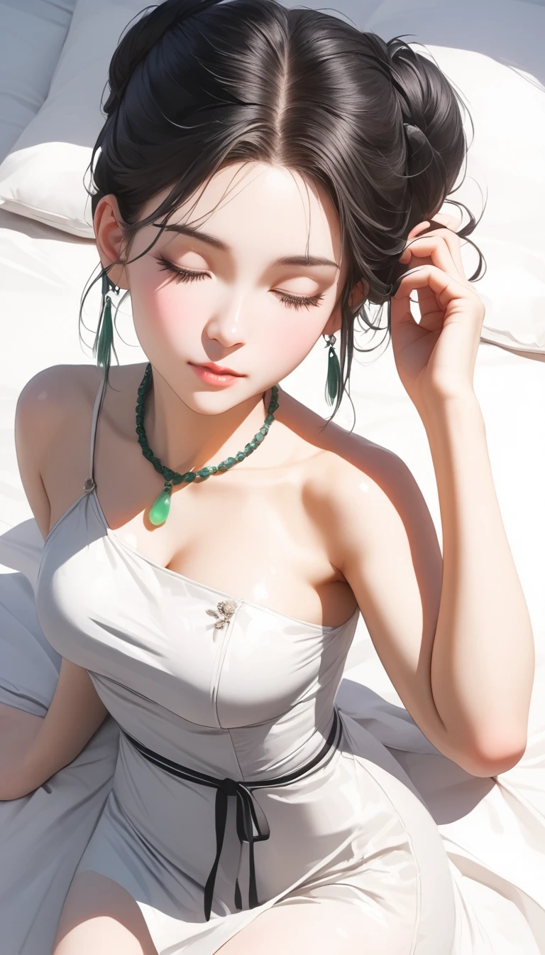 Beautiful Chinese woman, Wearing a white dress, Black hair,Tie your hair into a bun,With bangs,Wear a headband, Close your eyes and lie on the bed, top view, On white silk sheets, Wearing a jade necklace on the neck, Chest tattoo above the belt, Photo-realistic, Portrait Photography, Shot in the style of a Sony A7 III camera.