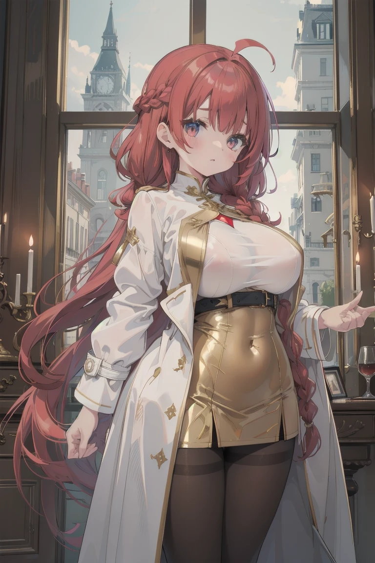girl, White blouse, mini skirt, Black Pantyhose, white overcoat, Are standing, Glamorous clothing, Complex clothing,, A familiar face, Brown and gold tones, In a luxurious room, window, tall building, Day、Braided Hair、I-cup breasts、Protruding chest、Protruding buttocks、Red color hair