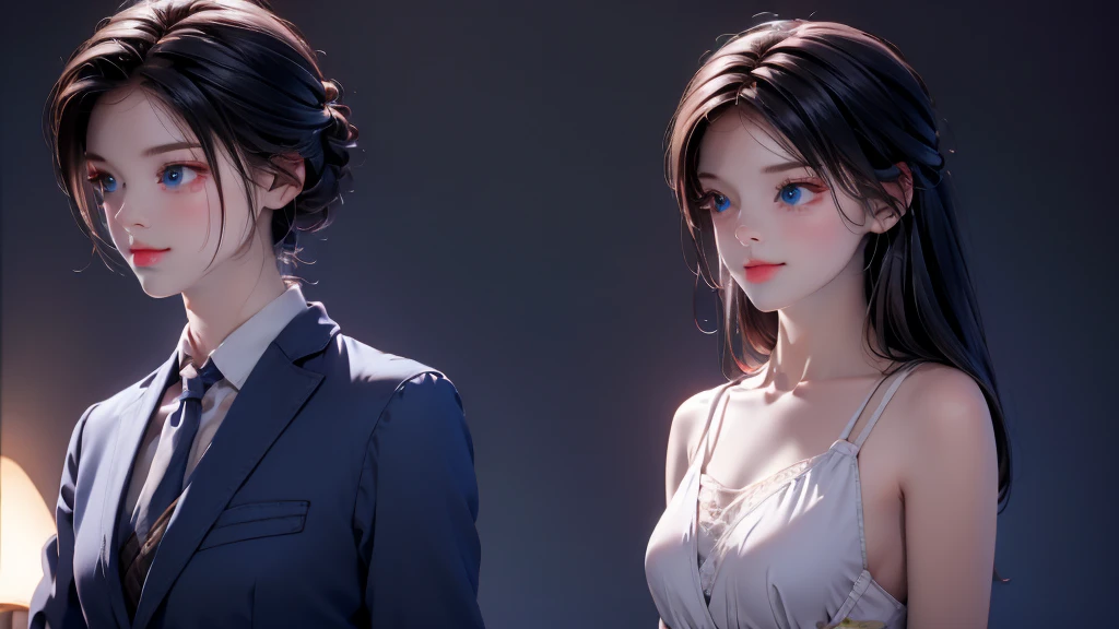  Boy&Girl , Boy medium light black hair, Girl medium light Blue hair, light blue eyes, wearing black suit, night city, 18+ , high res, ultrasharp, 8K, masterpiece, looking from behind