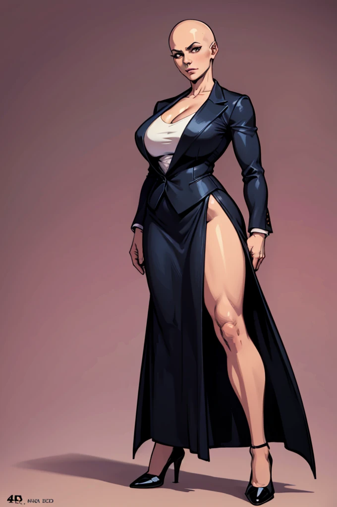 digital comic art, highly detailed, standing pose, feminine features, mature woman, adult female, whole body, bald, form-fitting, revealing neckline, blazer, V-neck blouse, long skirt with a side slit, shoes, 1woman, solo, upper body, lower body, ((Extremely Detailed)), ((Best Quality)), ((Masterpiece)), ((4k))