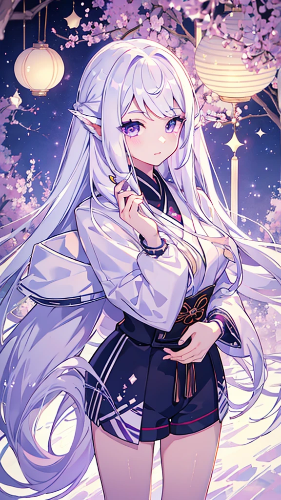 masterpiece,8k,girl,long white hair,Bangs,middle parted Bangs,big eyes,Eye tail upturned,Light purple eyes,Exquisite facial features,Eyes as dazzling as diamonds,Japanese high school students,Jacket,High-waisted shorts,at home