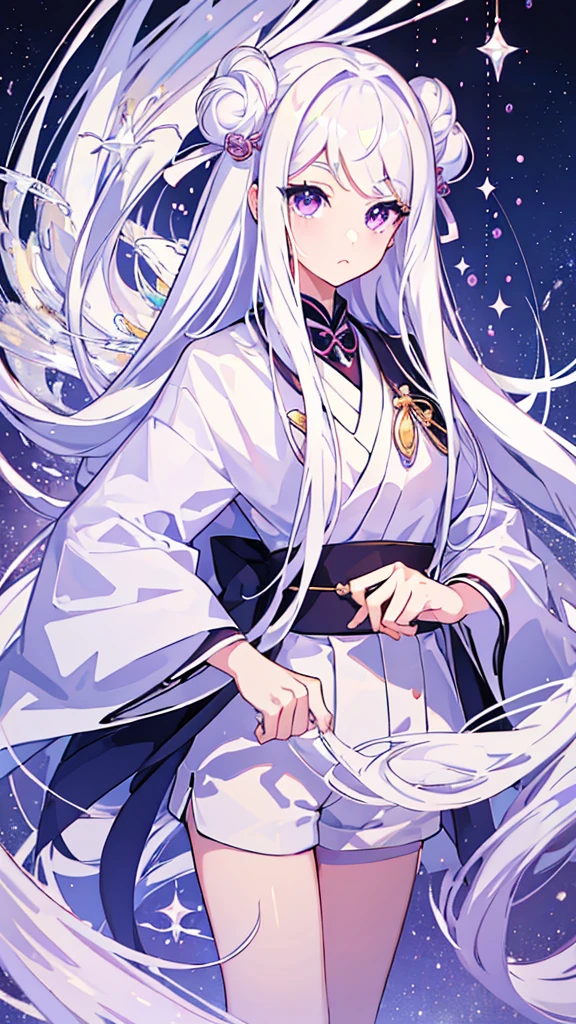 masterpiece,8k,girl,long white hair,Bangs,middle parted Bangs,big eyes,Eye tail upturned,Light purple eyes,Exquisite facial features,Eyes as dazzling as diamonds,Japanese high school students,Jacket,High-waisted shorts,at home