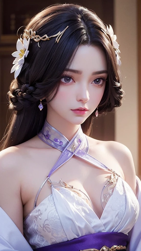 a close up of a woman in a white dress with purple flowers, a beautiful fantasy empress, japanese goddess, 8k high quality detailed art, palace , a girl in hanfu, trending on cgstation, pale milky white porcelain skin, beautiful alluring anime woman, white haired deity, ((a beautiful fantasy empress)), asian hyperdetailed, inspired by Lan Ying