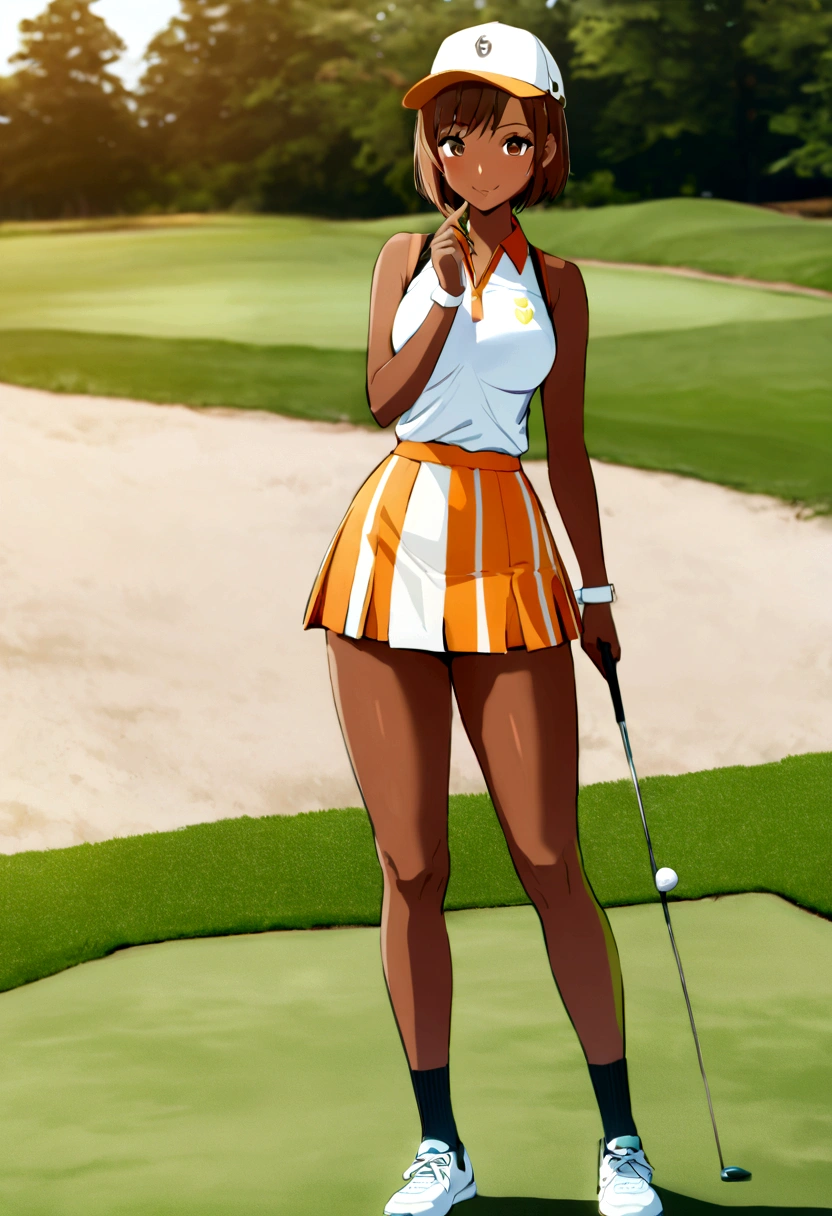 sound high resolution 8k beauty Woman playing golf Golf course Beautiful woman short hair Brown skin Golf Wear mini skirt smile looking at the camera Sunburn mark victory tall