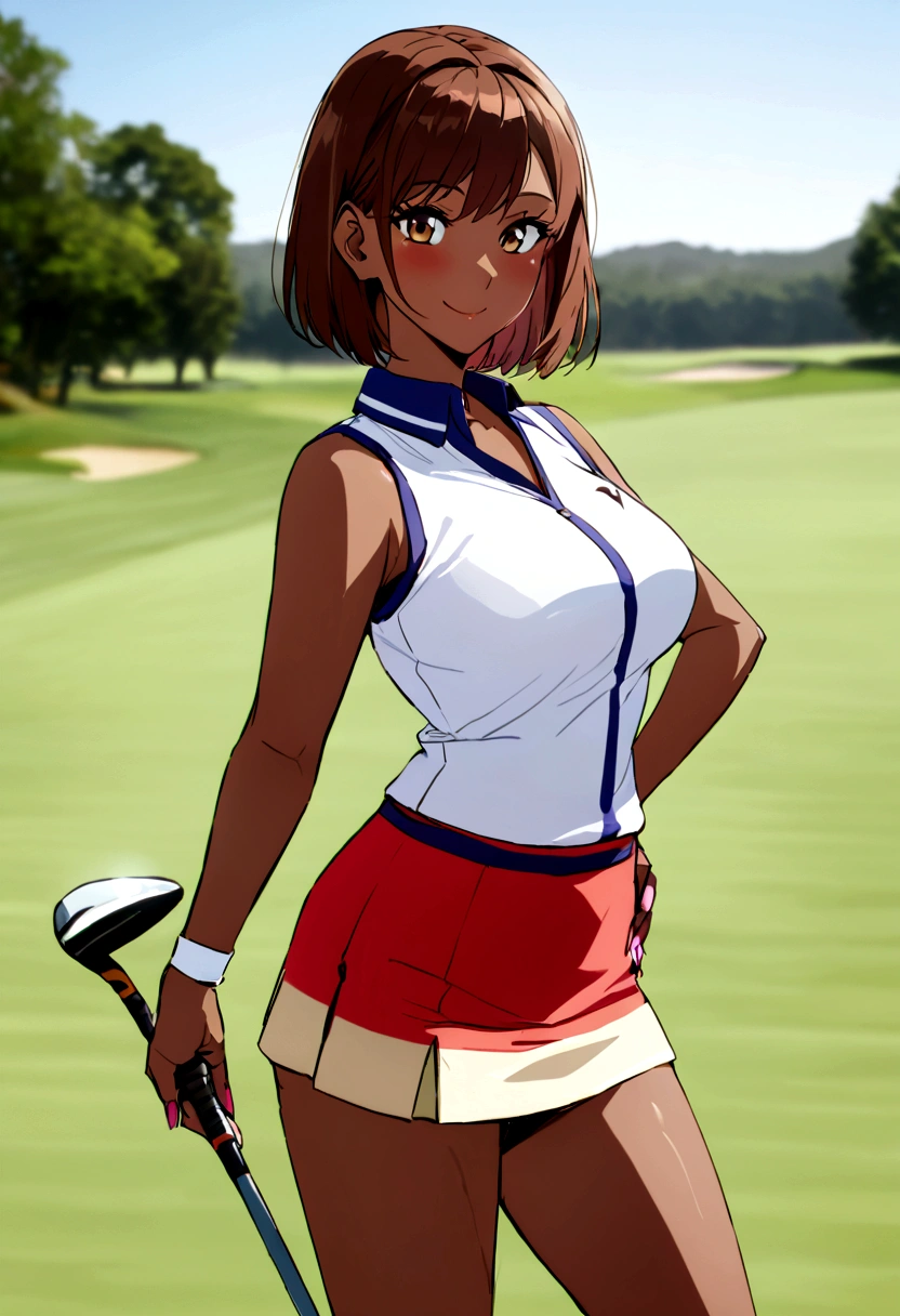 sound high resolution 8k beauty Woman playing golf Golf course Beautiful woman short hair Brown skin Golf Wear mini skirt smile looking at the camera Sunburn mark victory tall