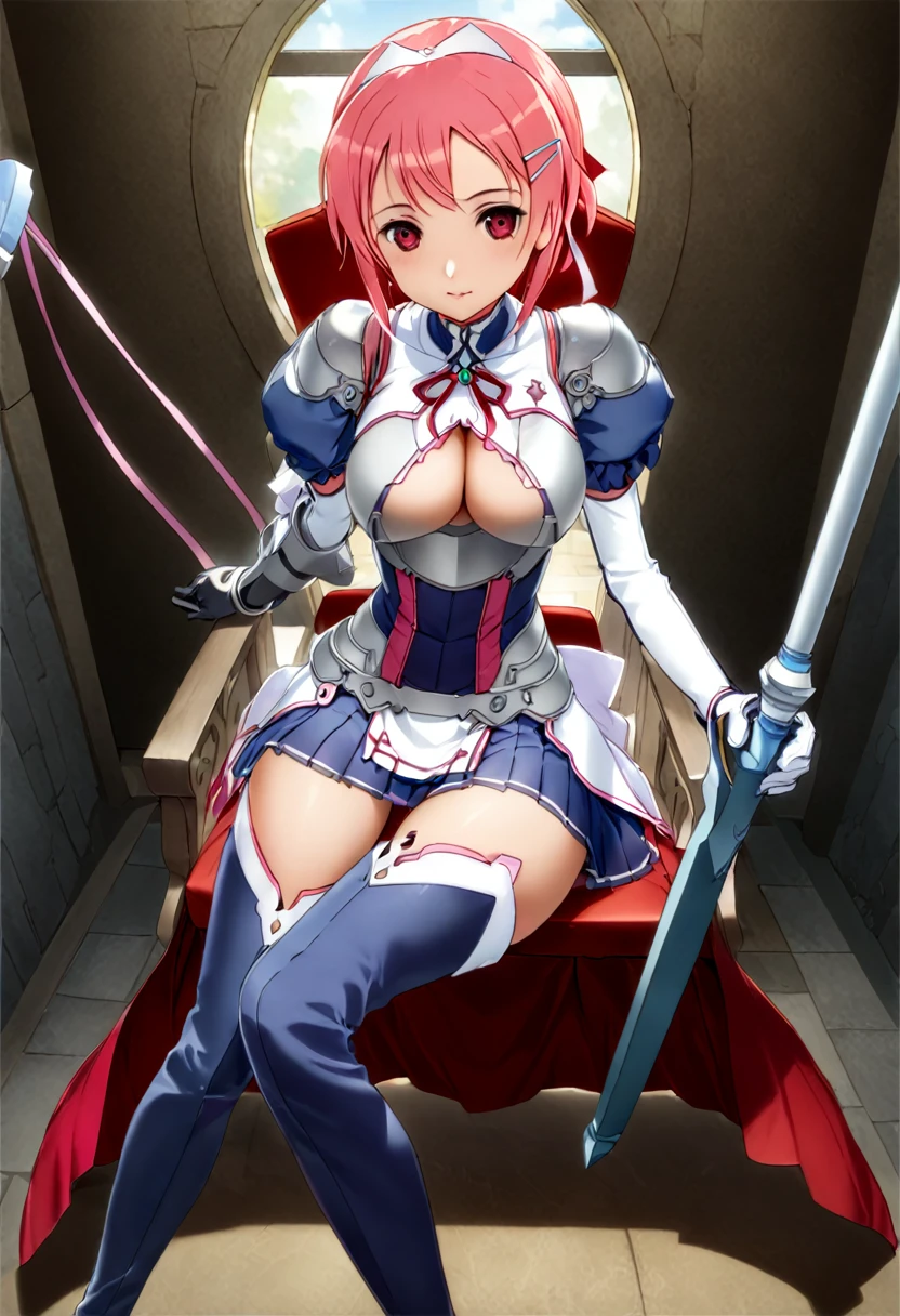 highest quality、unity 8k wallpaper、32k、masterpiece、Very detailed、Ultra-high resolution、　Magical Smith Lisbeth、lisbeth (sao)、Pink Short Hair、Puff sleeves、Shoulder rest、Silver Breastplate、Pleated skirt、Long gloves、Thigh-high stiletto boots、A large ribbon with a large brooch on the chest、Hair Clip、Hair Ribbon、Hold the magical hammer in one hand、Smithy Table