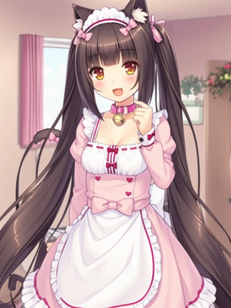 nice hands, perfect hands
solo, qiaokeli, choko, animal ears, long hair, :3, bell, cat ears, bangs, apron, very long hair, open mouth, name tag, :d, smile, frills, long sleeves, bow, frilled apron, tail, breasts, blunt bangs, neck bell, cat tail, twintails, pink bow, brown hair, brown eyes, jingle bell, waist apron, dress, looking at viewer, cat girl, maid headdress, blush, pink dress, ribbon trim, collar, 1girl, cleavage, slit pupils, solo focus, ribbon-trimmed clothes, hair bow, frilled dress NSFW 