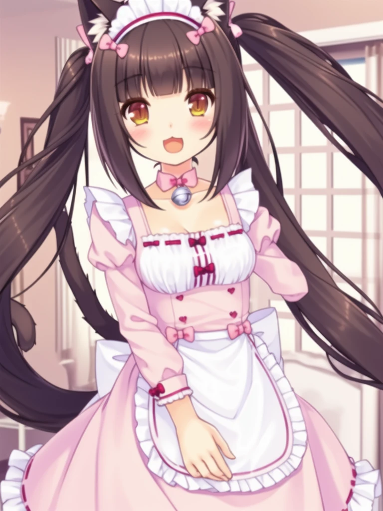 nice hands, perfect hands
solo, qiaokeli, choko, animal ears, long hair, :3, bell, cat ears, bangs, apron, very long hair, open mouth, name tag, :d, smile, frills, long sleeves, bow, frilled apron, tail, breasts, blunt bangs, neck bell, cat tail, twintails, pink bow, brown hair, brown eyes, jingle bell, waist apron, dress, looking at viewer, cat girl, maid headdress, blush, pink dress, ribbon trim, collar, 1girl, cleavage, slit pupils, solo focus, ribbon-trimmed clothes, hair bow, frilled dress NSFW 