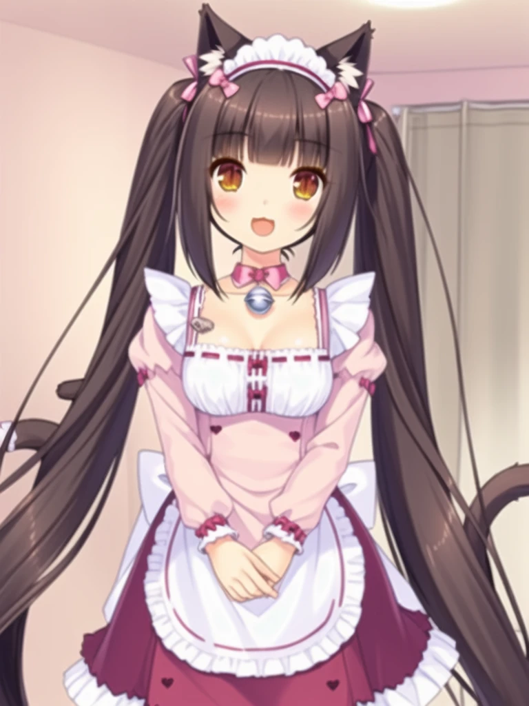 nice hands, perfect hands
solo, qiaokeli, choko, animal ears, long hair, :3, bell, cat ears, bangs, apron, very long hair, open mouth, name tag, :d, smile, frills, long sleeves, bow, frilled apron, tail, breasts, blunt bangs, neck bell, cat tail, twintails, pink bow, brown hair, brown eyes, jingle bell, waist apron, dress, looking at viewer, cat girl, maid headdress, blush, pink dress, ribbon trim, collar, 1girl, cleavage, slit pupils, solo focus, ribbon-trimmed clothes, hair bow, frilled dress NSFW 