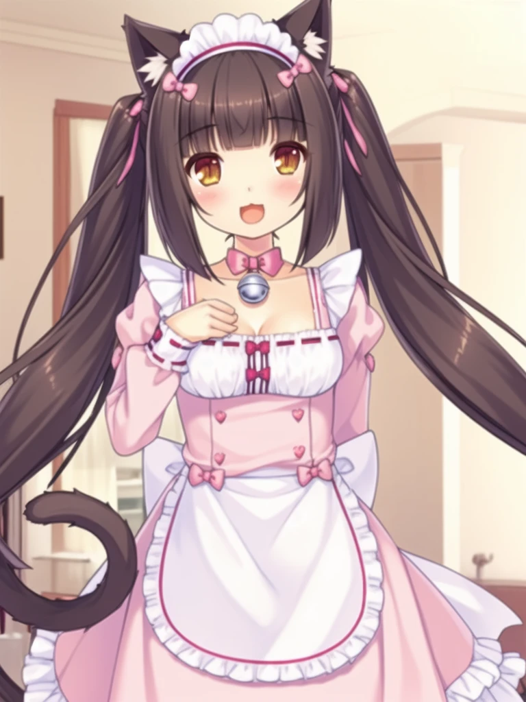 nice hands, perfect hands
solo, qiaokeli, choko, animal ears, long hair, :3, bell, cat ears, bangs, apron, very long hair, open mouth, name tag, :d, smile, frills, long sleeves, bow, frilled apron, tail, breasts, blunt bangs, neck bell, cat tail, twintails, pink bow, brown hair, brown eyes, jingle bell, waist apron, dress, looking at viewer, cat girl, maid headdress, blush, pink dress, ribbon trim, collar, 1girl, cleavage, slit pupils, solo focus, ribbon-trimmed clothes, hair bow, frilled dress NSFW 