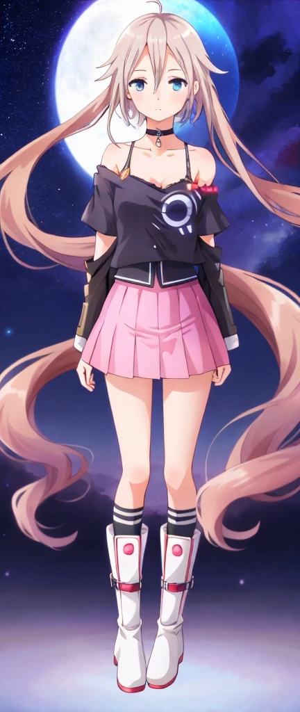 one girl, IA, Vocaloid, CeVIO AI, short skirt, black shirt, off shoulder, choker, beauty, starry sky, mysterious girl, close to girl, Aria on the Planetes, slender, cool, straight hair, boots, standing, full body