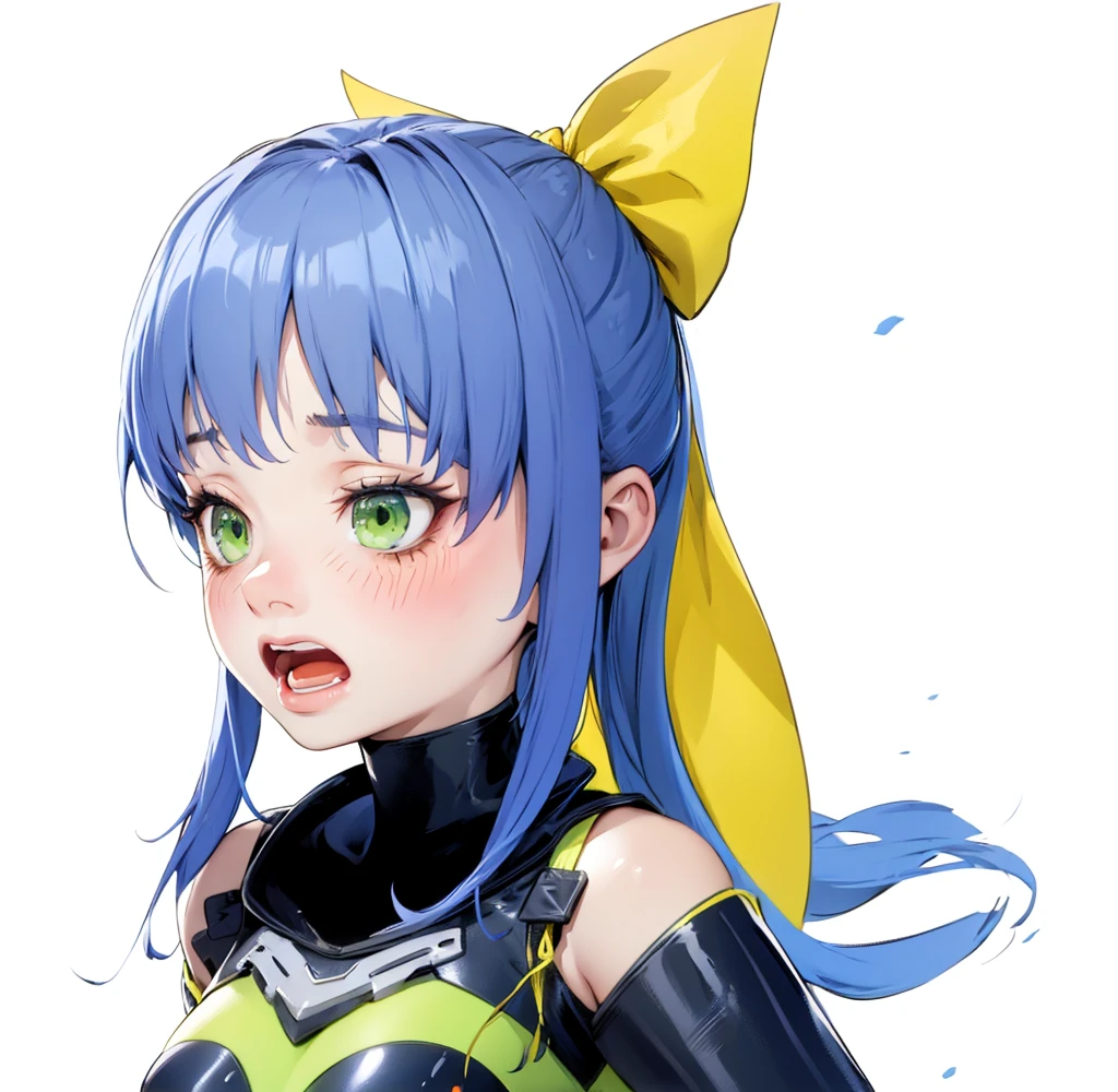 beautiful girl,(Scream:1.5),Green Eyes,Blue Hair,Yellow ribbon,ponytail,Bodysuits,4k,8k,highest quality