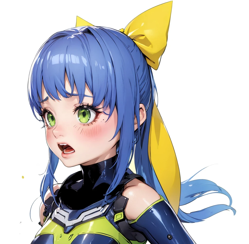 beautiful girl,(Scream:1.5),Green Eyes,Blue Hair,Yellow ribbon,ponytail,Bodysuits,4k,8k,highest quality