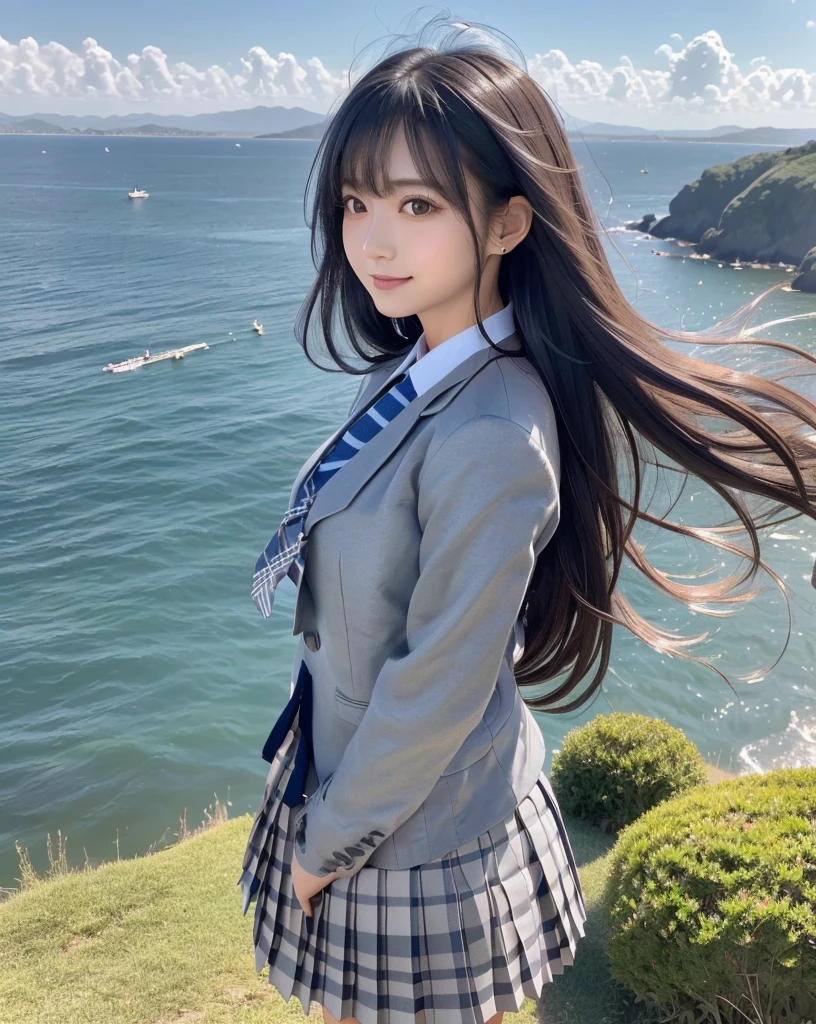 (highest quality, 32k, High resolution, Masterpiece:1.5, ), marimo_jet, god々A photograph with brilliant dazzling and healing power., Evoking a sense of calm and elusive beauty, Expressing emotions, Have a rich imagination, Beautiful Japanese Women, ((Full body shot from the side:1.4)), An exceptionally beautiful face, Small Face Beauty, Perfect Human Anatomy, Magical big eyes, Motherhood and generosity, Deep Love, fleeting smile, Shiny black hair, Super Long Straight Silk Hair, Asymmetrical bangs, Hair between the eyes, Transparent, soft white skin, Sharp eyebrows, Thin lashes, ((Natural Makeup:1.1)), Cheek highlighter, Pale pink detailed lips, ((Schoolgirl uniform:1.3)), ((Gray checkered pleated skirt swaying in the wind:1.2)), ((Grey blazer:1.2)), ((Light blue striped tie:1.2)), Slim figure, High resolutionの美しい太もも, ((On a hill with a view of the sea:1.2)), Illuminated by the morning sun, Professional Lighting, Professional photographer, Professional models, god秘的