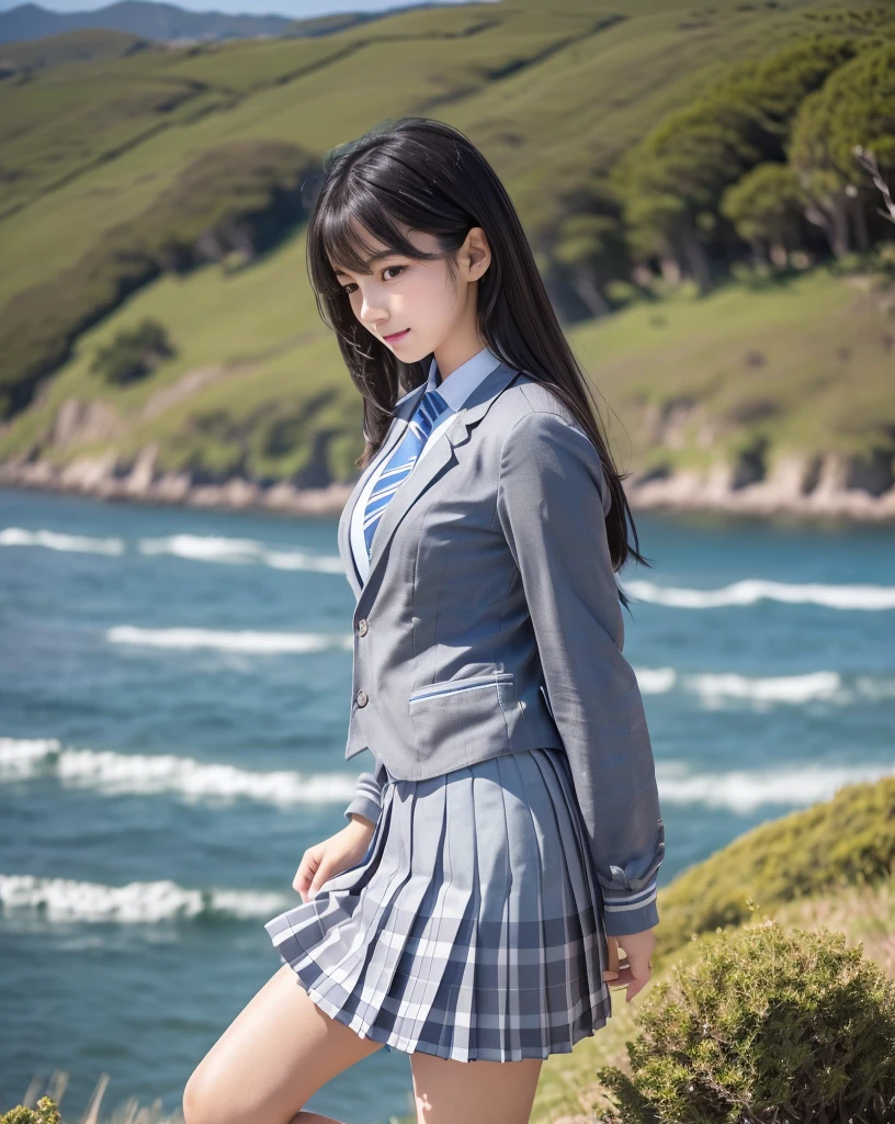 (highest quality, 32k, High resolution, Masterpiece:1.5, ), marimo_jet, god々A photograph with brilliant dazzling and healing power., Evoking a sense of calm and elusive beauty, Expressing emotions, Have a rich imagination, Beautiful Japanese Women, ((Full body shot from the side:1.4)), An exceptionally beautiful face, Small Face Beauty, Perfect Human Anatomy, Magical big eyes, Motherhood and generosity, Deep Love, fleeting smile, Shiny black hair, Super Long Straight Silk Hair, Asymmetrical bangs, Hair between the eyes, Transparent, soft white skin, Sharp eyebrows, Thin lashes, ((Natural Makeup:1.1)), Cheek highlighter, Pale pink detailed lips, ((Schoolgirl uniform:1.3)), ((Gray checkered pleated skirt swaying in the wind:1.2)), ((Grey blazer:1.2)), ((Light blue striped tie:1.2)), Slim figure, High resolutionの美しい太もも, ((On a hill with a view of the sea:1.2)), Illuminated by the morning sun, Professional Lighting, Professional photographer, Professional models, god秘的