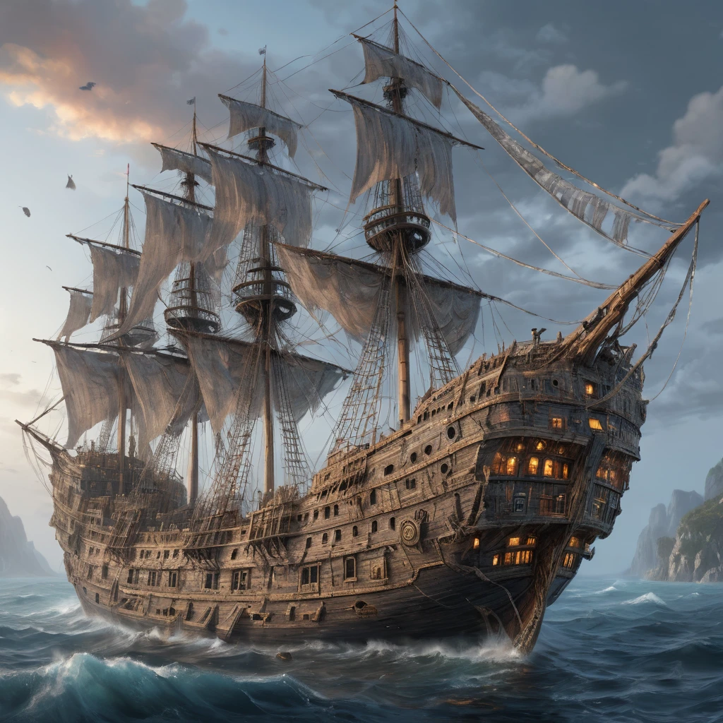 ghost ship, best quality, masterpiece, Representative work, official art, Professional, Ultra intricate detailed, 8k