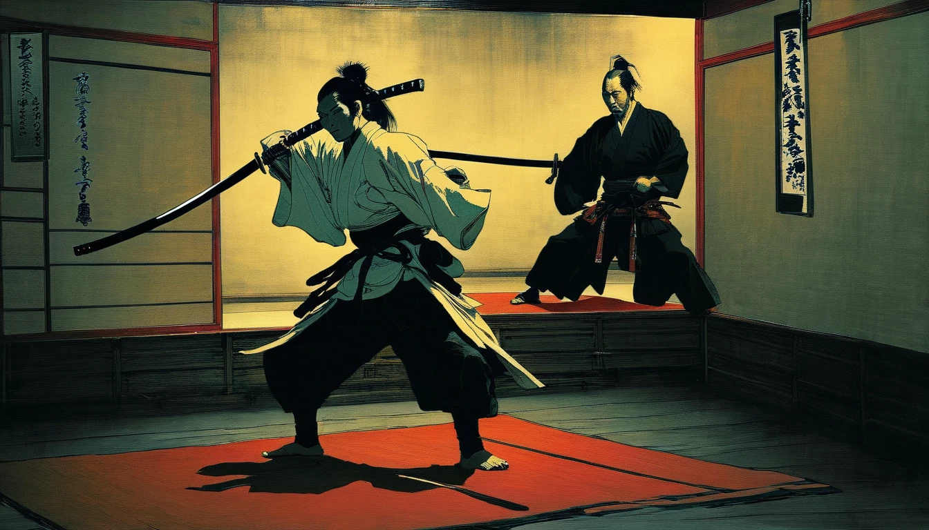 there is a man holding a knife in his hand in a room, holding a black katana, wielding a katana, holding a katana, holding a samurai sword, dramatic katana wielding pose, holding katana, samurai portrait photo, in a dojo, inspired by Kanō Shōsenin, inspired by Kanō Hogai, Japanese samurai,  inspired by hokusai style(art inspired by Bill Sienkiewicz). oil painting)