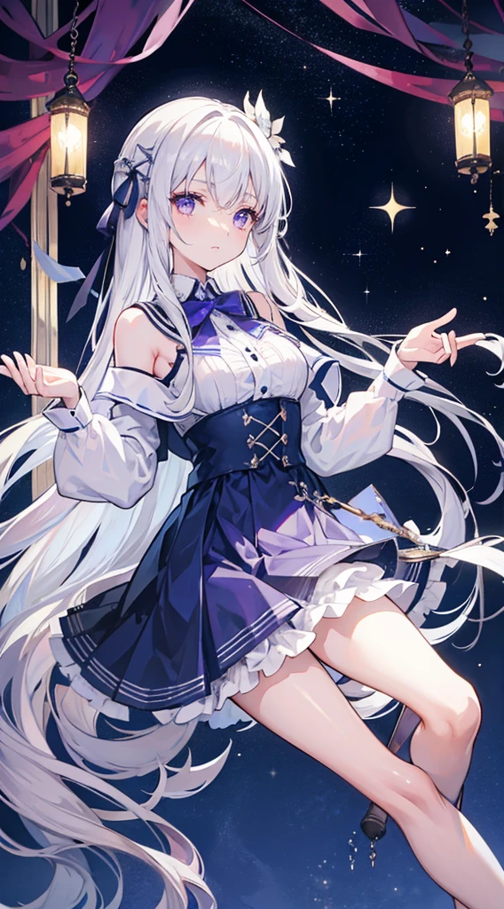 long silver-white hair and waist，stray hair curtain，two hair curtains，Dark purple eyes，high light，Dear students，a fancy turn，Like dancing，Dark blue sailor uniform off-shoulder dress，When she turned around, her skirt flapped.，White bloomers show some.，light blue bow tie，crystal hairpin，Under the starry night sky，，chiquita，medium build，