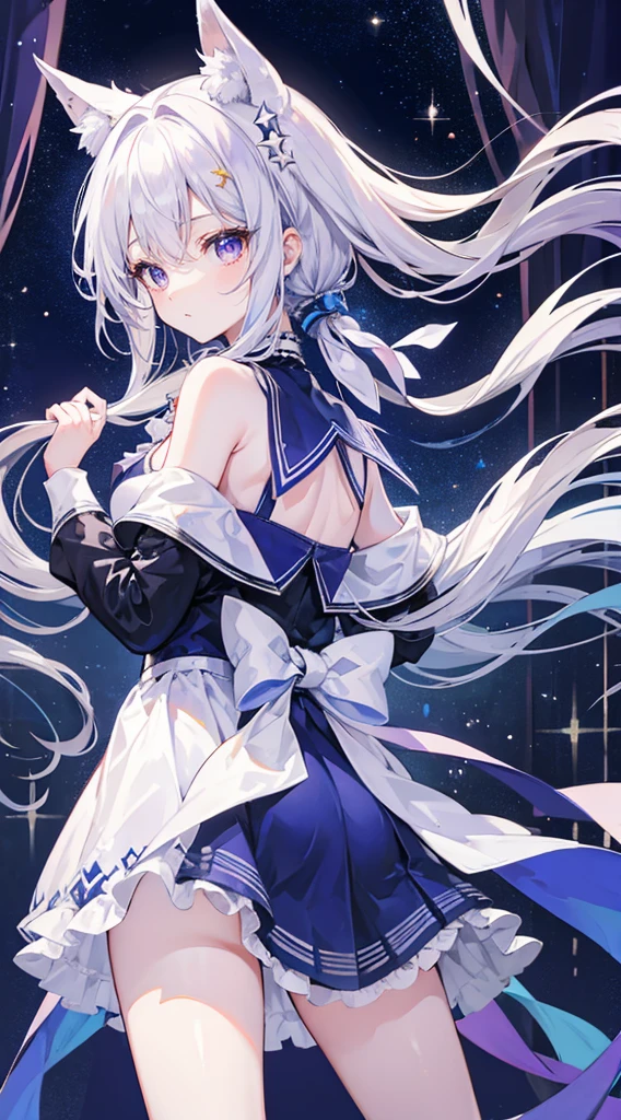 long silver-white hair and waist,stray hair curtain,two hair curtains,Dark purple eyes,high light,Dear students,a fancy turn,Like dancing,Dark blue sailor uniform off-shoulder dress,When she turned around, her skirt flapped.,White bloomers show some.,light blue bow tie,crystal hairpin,Under the starry night sky,,chiquita,medium build,