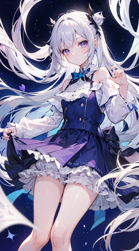 long silver-white hair and waist，stray hair curtain，two hair curtains，Dark purple eyes，high light，Dear students，a fancy turn，Like dancing，Dark blue sailor uniform off-shoulder dress，When she turned around, her skirt flapped.，White bloomers show some.，light blue bow tie，crystal hairpin，Under the starry night sky，，chiquita，medium build，