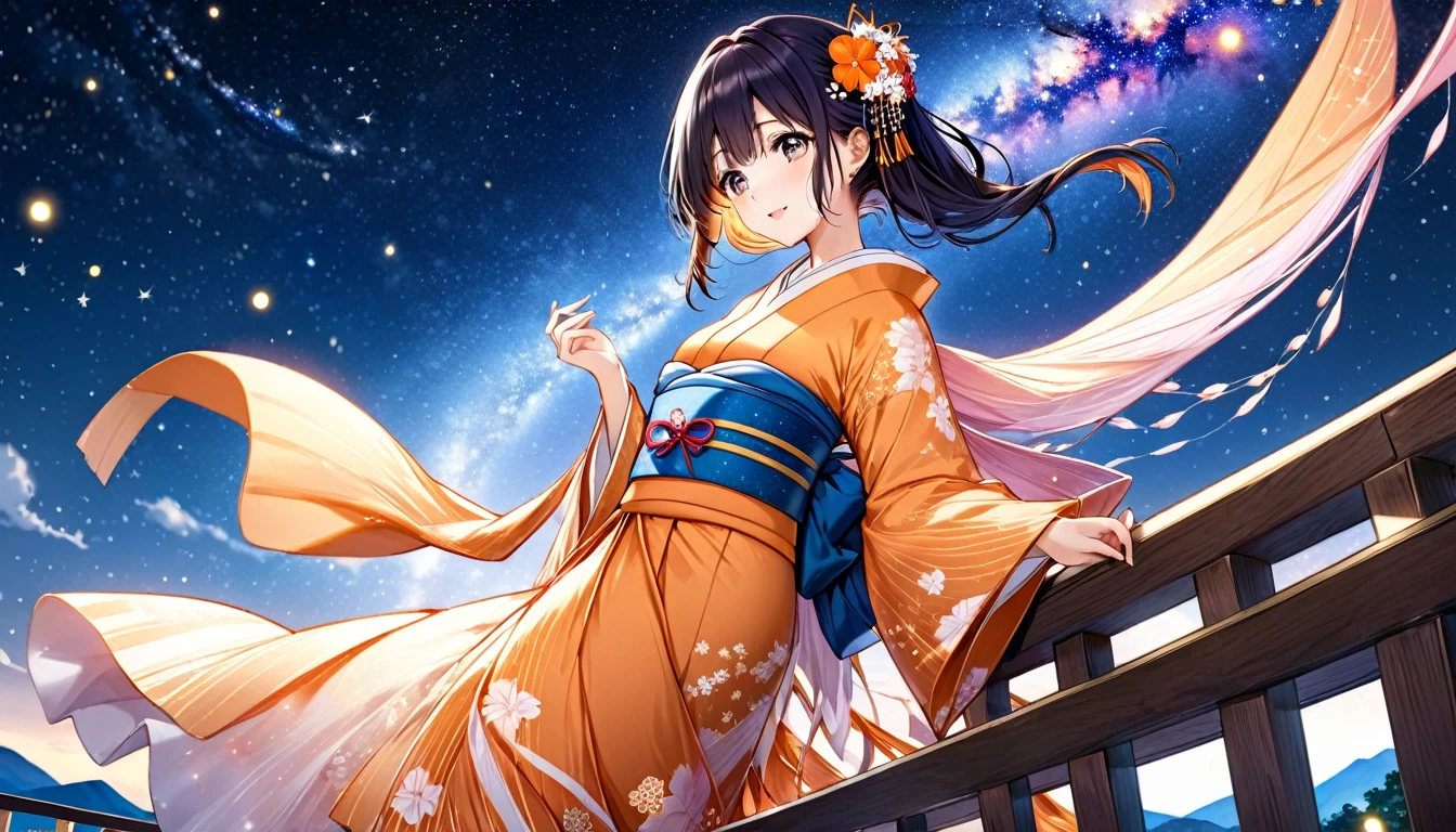 (highest quality,8k,32k,masterpiece,ultra-high resolution),A beautiful scene depicting Orihime, the weaver princess from the Tanabata festival. She is dressed in a traditional, elegant kimono with intricate patterns, standing on a celestial bridge with the Milky Way sparkling in the background. Orihime has long, flowing black hair adorned with delicate hairpins and ornaments. Her expression is one of joy and anticipation as she eagerly looks towards the distant figure of Hikoboshi, her beloved, on the other side of the Milky Way. The sky is filled with twinkling stars, creating a magical and romantic atmosphere.
