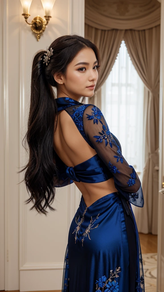 A white Korean stunning girl with Outfit Design:Base Dress: A high-low dress, shorter in the front to show the legs and longer in the back, flowing elegantly to the floor.Color Scheme: The dress is primarily royal blue with black floral designs intricately woven throughout.Sparkle Touch: Add shimmering sparkles scattered lightly across the dress to give it a magical, glistening effect, especially under light.Floral Designs: Black floral patterns, possibly in lace or embroidery, covering the bodice and flowing down the skirt, giving it a sophisticated and intricate look.Accessories:Hair: The girl has long hair styled in a high ponytail, secured with a large, royal blue bow that has small sparkles matching the dress.Shoes: Sparkling royal blue belly dancer shoes with ribbons that wrap around the ankles and calves, adding a graceful and elegant touch.Veil: A sheer veil draped over her shoulders, matching the dress in royal blue with subtle black floral designs and sparkling accents. The veil flows down to blend seamlessly with the back of the dress.Character Description:Hair: Long, flowing hair pulled up into a high ponytail with the bow, adding to the youthful and dynamic appearance.Posture: The character stands confidently, hands on hips, accentuating the high-low design of the dress and the intricate details of the outfit.Expression: A confident, possibly mischievous expression, reflecting her vibrant and elegant style.