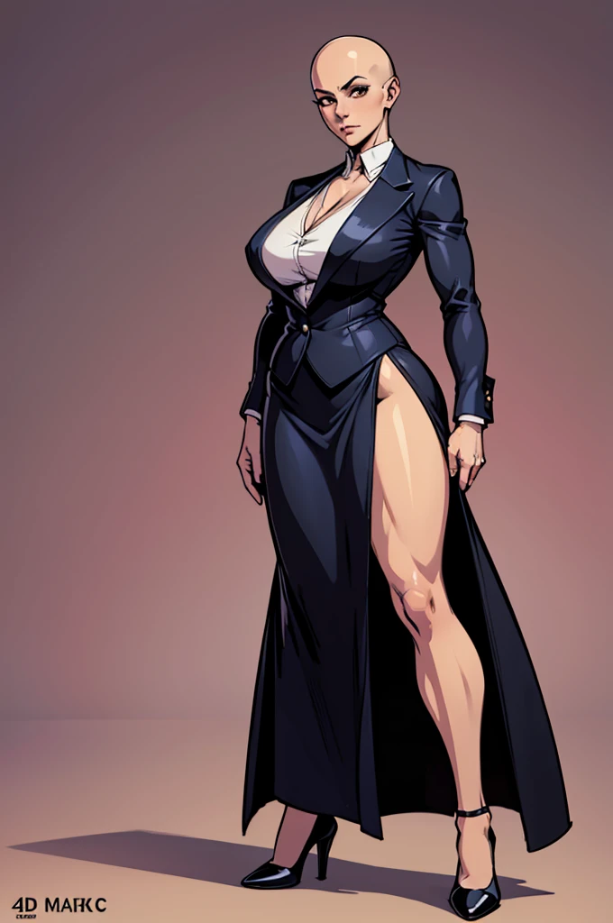 digital comic art, highly detailed, standing pose, feminine features, mature woman, adult female, whole body, bald, form-fitting, revealing neckline, blazer, V-neck blouse, long skirt with a side slit, shoes, 1woman, solo, upper body, lower body, ((Extremely Detailed)), ((Best Quality)), ((Masterpiece)), ((4k))
