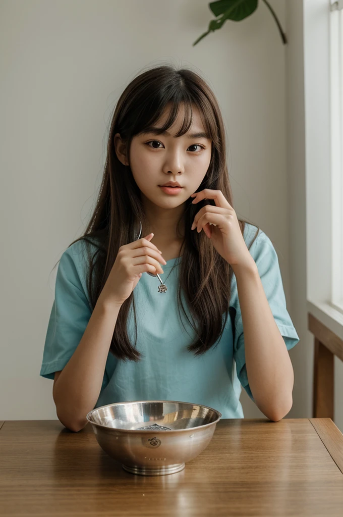 there is a young girl holding a silver bowl with a spoon in it, very low quality, very very low quality, 18 years old, 1 6 years old, 2 2 years old, 👅 👅, ulzzang, 2 7 years old, 2 3 years old, dang my linh, 1 8 yo, with kind face, 2 8 years old
