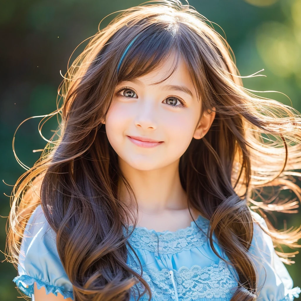 Create an anime-style portrait of a young girl with vibrant, multi-colored hair that transitions from brown. The girl's hair should flow naturally, and she should have large, expressive brown eyes. Her expression should be soft and gentle, with a warm and kind smile. The background should be a blend of warm and cool colors, complementing the girl's hair. She should be wearing a Blue lace dress with intricate details, adding a touch of elegance to her appearance. The overall mood of the artwork should be cheerful and inviting, capturing the girl's gentle and friendly demeanor.