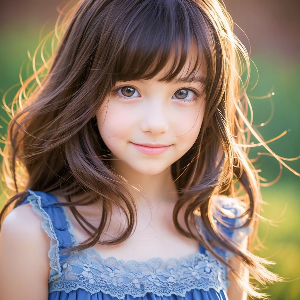 Create an anime-style portrait of a young girl with vibrant, multi-colored hair that transitions from brown. The girl's hair should flow naturally, and she should have large, expressive brown eyes. Her expression should be soft and gentle, with a warm and kind smile. The background should be a blend of warm and cool colors, complementing the girl's hair. She should be wearing a Blue lace dress with intricate details, adding a touch of elegance to her appearance. The overall mood of the artwork should be cheerful and inviting, capturing the girl's gentle and friendly demeanor.