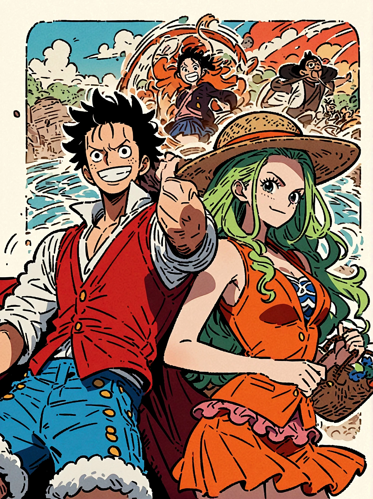 Japanese anime One Piece, Create an expansive illustration reminiscent of a popular action-adventure anime series. It should feature a diverse group of daring explorers. Each character is unique in their own way. One is a lanky man with spiky black hair, wearing a red vest, blue shorts, and a straw hat. His cheerful attitude and love for adventure is evident in his wide grin. Another character is a man with slicked-back, shoulder-length light moss green hair, wearing fine burgundy attire, his gravity and maturity reflecting through his demeanor. The third character is a young woman with beauty and grace, she has orange hair and is seen sporting a simple vest and a mini skirt. A captivating blue sea spans the entire background, adding to the whole dangerous yet exciting vibe of the setting.