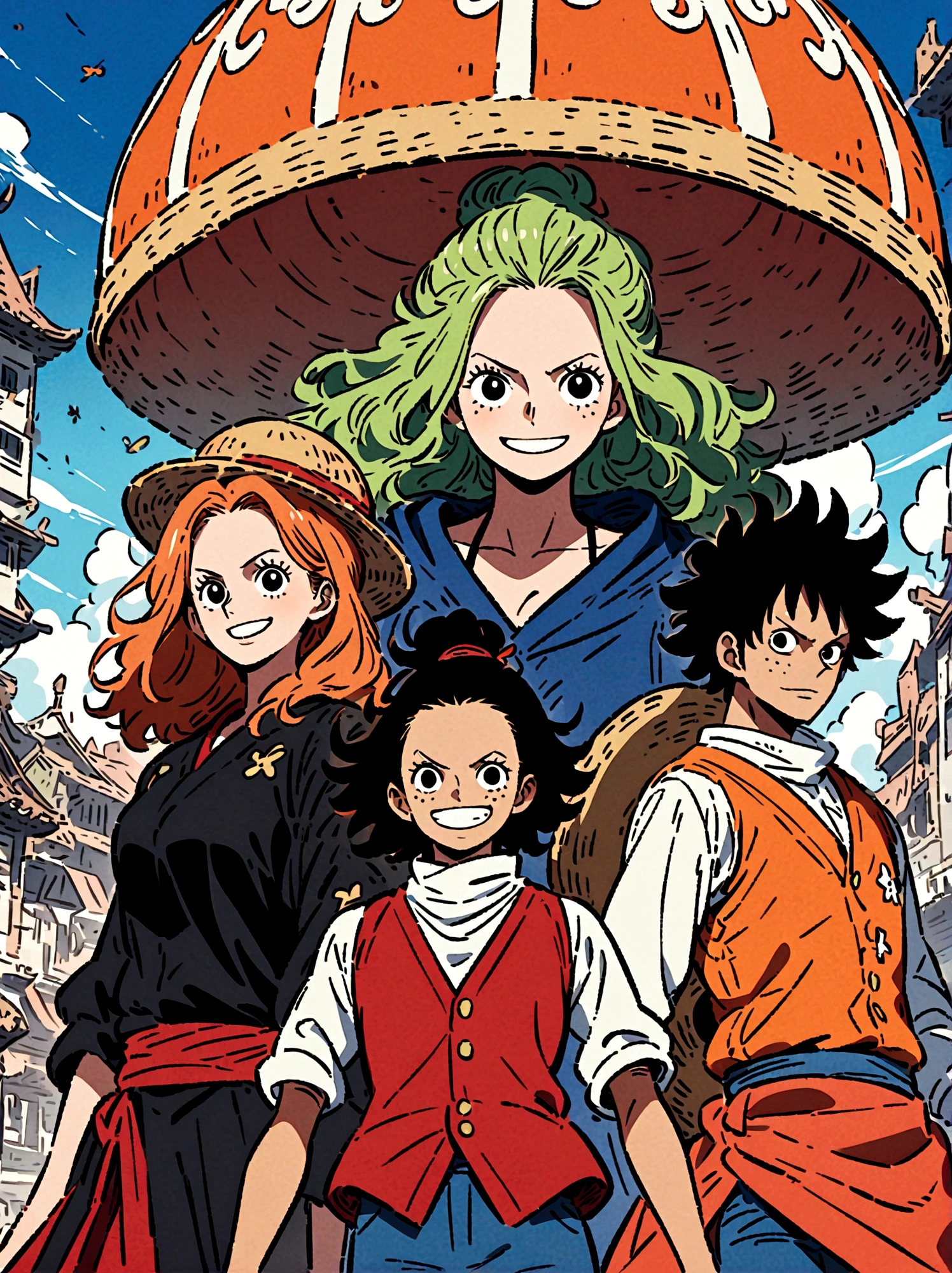 Japanese anime One Piece, Create an expansive illustration reminiscent of a popular action-adventure anime series. It should feature a diverse group of daring explorers. Each character is unique in their own way. One is a lanky man with spiky black hair, wearing a red vest, blue shorts, and a straw hat. His cheerful attitude and love for adventure is evident in his wide grin. Another character is a man with slicked-back, shoulder-length light moss green hair, wearing fine burgundy attire, his gravity and maturity reflecting through his demeanor. The third character is a young woman with beauty and grace, she has orange hair and is seen sporting a simple vest and a mini skirt. A captivating blue sea spans the entire background, adding to the whole dangerous yet exciting vibe of the setting.