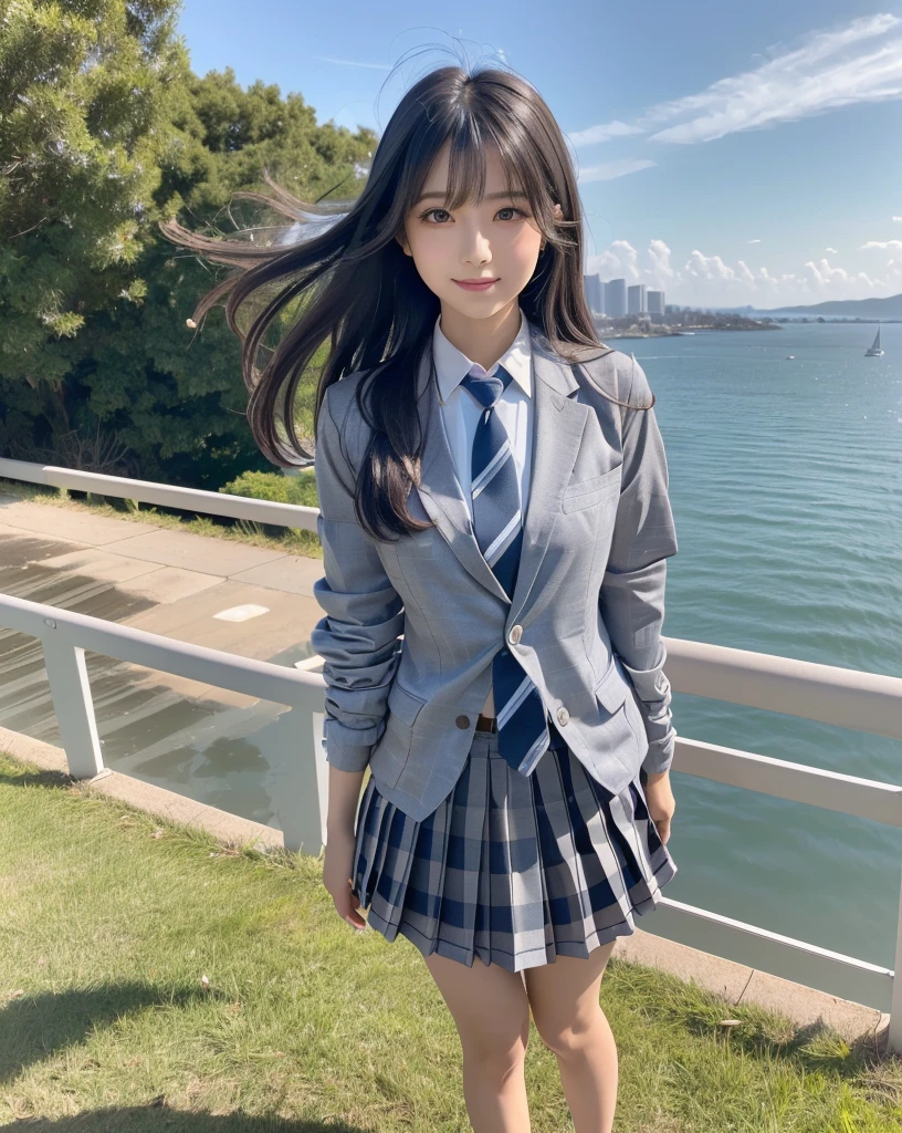 (highest quality, 32k, High resolution, Masterpiece:1.5, ), marimo_jet, god々A photograph with brilliant dazzling and healing power., Evoking a sense of calm and elusive beauty, Expressing emotions, Have a rich imagination, Beautiful Japanese Women, ((Full body shot from below:1.4)), An exceptionally beautiful face, Small Face Beauty, Perfect Human Anatomy, Magical big eyes, Motherhood and generosity, Deep Love, fleeting smile, Shiny black hair, Super Long Straight Silk Hair, Asymmetrical bangs, Hair between the eyes, Transparent, soft white skin, Sharp eyebrows, Thin lashes, ((Natural Makeup:1.1)), Cheek highlighter, Pale pink detailed lips, ((Schoolgirl uniform:1.3)), ((Gray checkered pleated skirt swaying in the wind:1.2)), ((Grey blazer:1.2)), ((Light blue striped tie:1.2)), Slim figure, High resolutionの美しい太もも, ((On a hill with a view of the sea:1.2)), Illuminated by the morning sun, Professional Lighting, Professional photographer, Professional models, god秘的