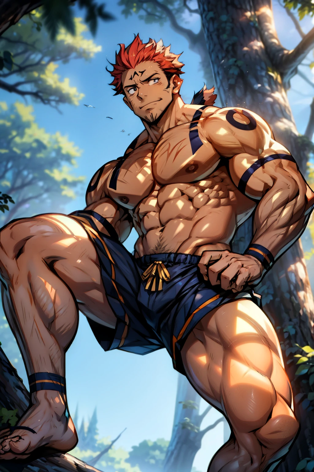 (canto da foto de baixo para cima) (imagem da mais alta qualidade) Lion man ,real, jovem, , vestindo shorts, virilha saliente, imagem de anime, Leaning against a tree, pernas bem abertas, male face, bonito rosto jovem, cabelo subcortado, huge muscle muscles of the chest, large strong thigh muscles, Biceps Sinewy muscles, Corpo enorme, corpo tonificado devido ao treinamento intenso, Well-developed muscles, ABS transparente de 8 embalagens, 3 metros de altura, topless, , pele brilhante, rede de suor pingando, hands on thighs, bare feet, Sem barba，Thick Legs，