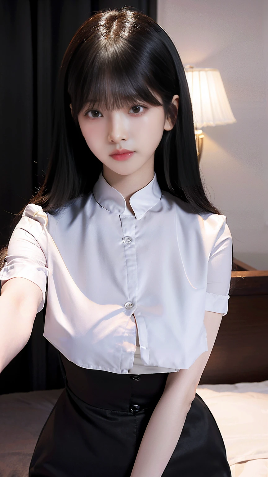 (((masterpiece:1.3,8k、High resolution、highest quality、High resolution、Perfect lighting)))、One girl、(Nurse uniform)、White skin、Natural Makeup、(No bangs)、((Black Hair、No bangs、Straight Long Hair))、(Big Tits:1.4)、(((Looking into the camera)))、Embarrassing,Embarrassed face,hospital,On the bed、Sculptural installation、skinny,Too thin waist