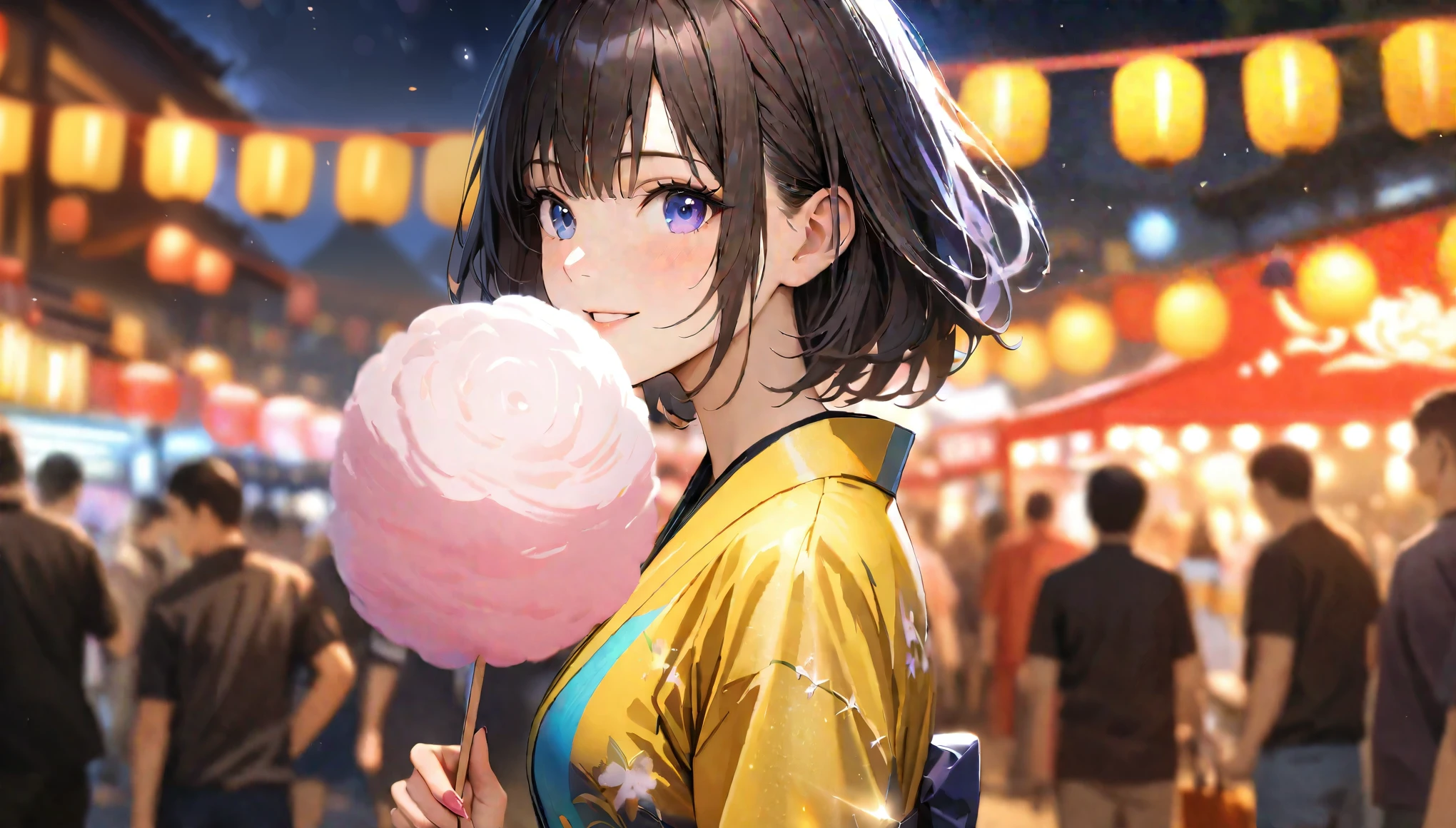 Summer festival,night, yukata, Holding cotton candy,Blur the background,High school girls,short hair,smile,Glitter effect,highest quality, 4K, 8k, High resolution, masterpiece:1.2, Very detailed, Realistic:1.37, High resolution, 超High resolution, Ultra-fine painting, Sharp focus, Physically Based Rendering, Very detailedな説明, Professional, Vibrant colors