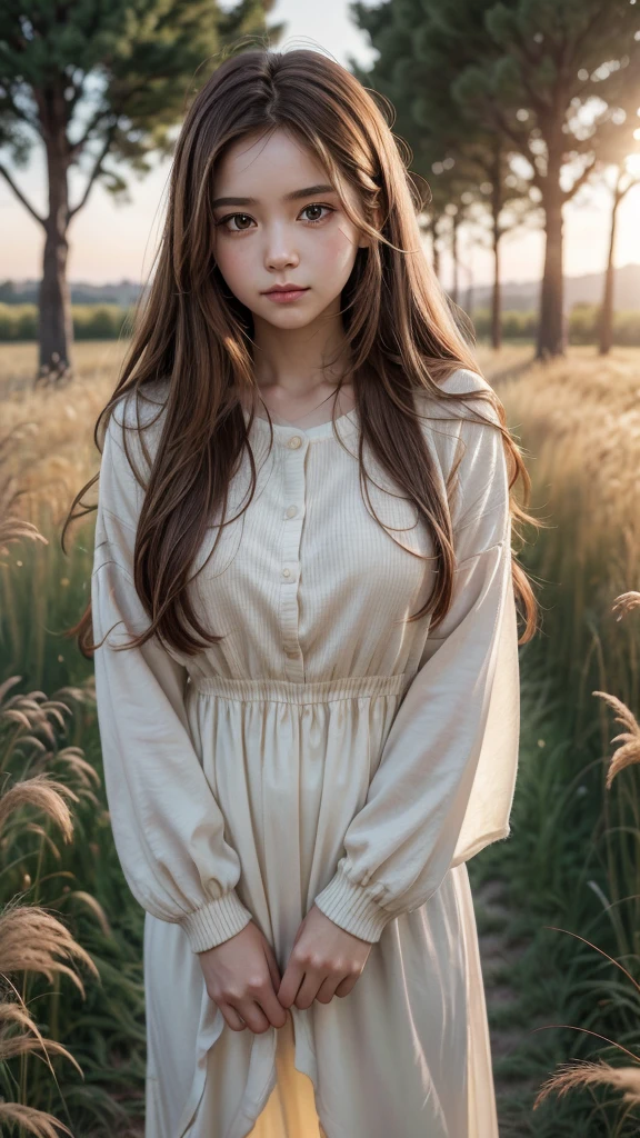 Photorealistic portrait of a young girl with long brown hair, gazing intently at a photo she is holding. The scene is bathed in the warm, golden light of the setting sun, casting soft shadows and creating a serene atmosphere. She is wearing a light white blouse, standing in an open field with tall grasses and wildflowers in the background. The sky is painted with vibrant hues of orange and pink. Shot with a Canon EOS R5, 85mm lens, f/1.4 aperture, the focus is sharp on the details of her face and the photo, capturing the subtle textures of her skin and clothing. The image features high dynamic range and is rendered in 8K resolution to ensure extreme realism."