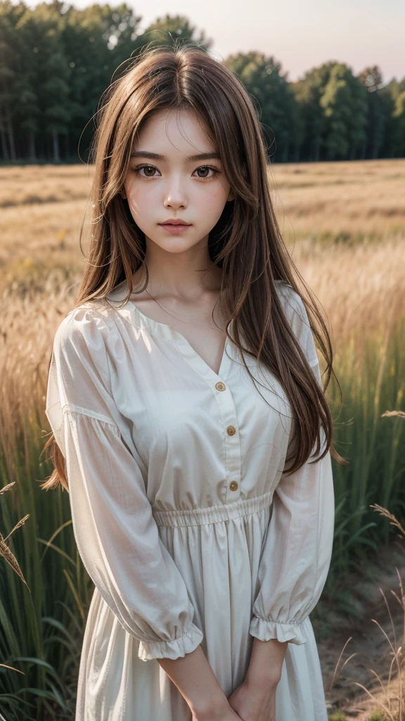 Photorealistic portrait of a young girl with long brown hair, gazing intently at a photo she is holding. The scene is bathed in the warm, golden light of the setting sun, casting soft shadows and creating a serene atmosphere. She is wearing a light white blouse, standing in an open field with tall grasses and wildflowers in the background. The sky is painted with vibrant hues of orange and pink. Shot with a Canon EOS R5, 85mm lens, f/1.4 aperture, the focus is sharp on the details of her face and the photo, capturing the subtle textures of her skin and clothing. The image features high dynamic range and is rendered in 8K resolution to ensure extreme realism."