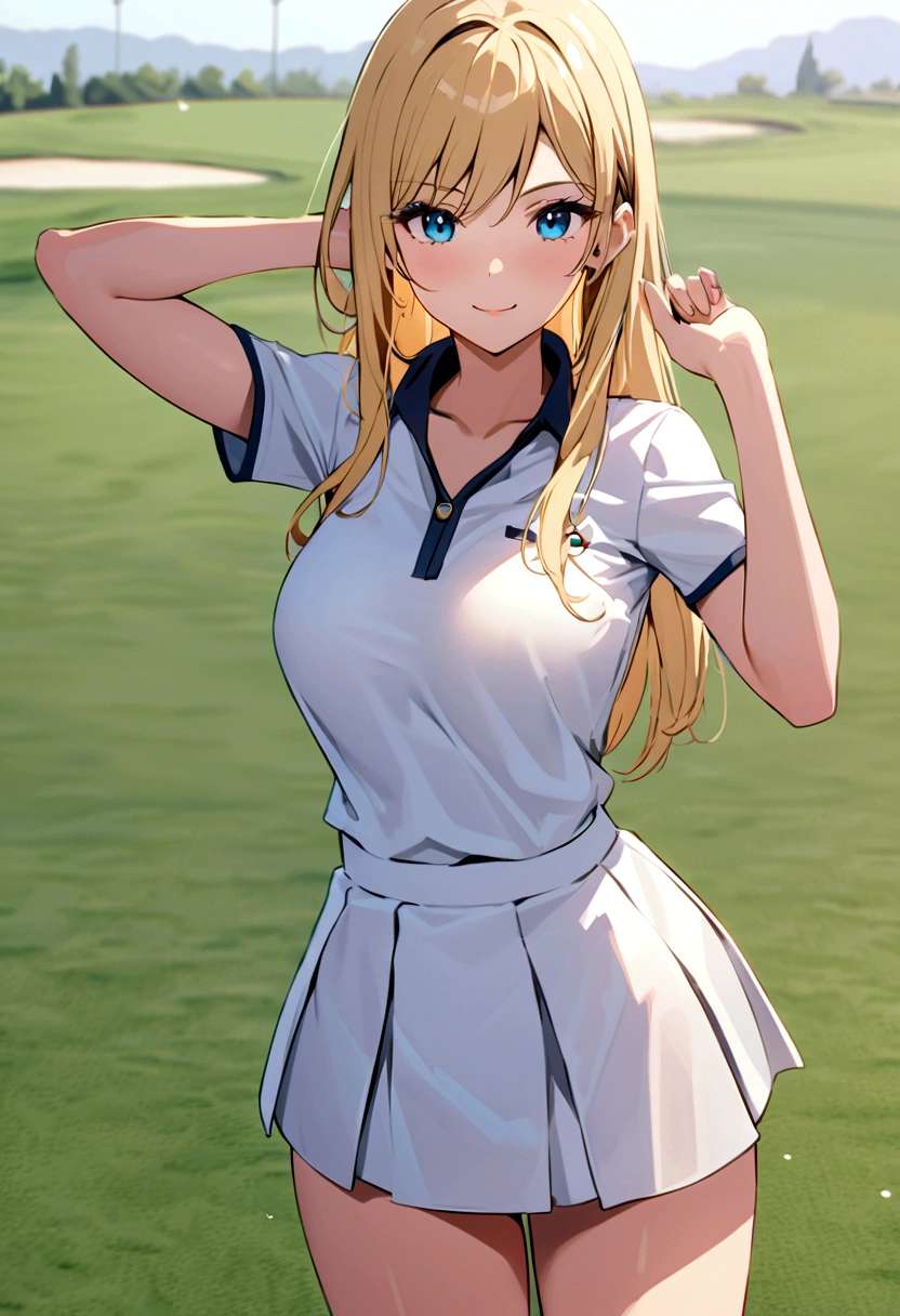 sound　high resolution　8k beauty　Woman playing golf　Golf course　Beautiful woman　semi-long　Blonde　White　Golf Wear　mini skirt　smile　　looking at the camera　Sunburn mark　　victory　tall