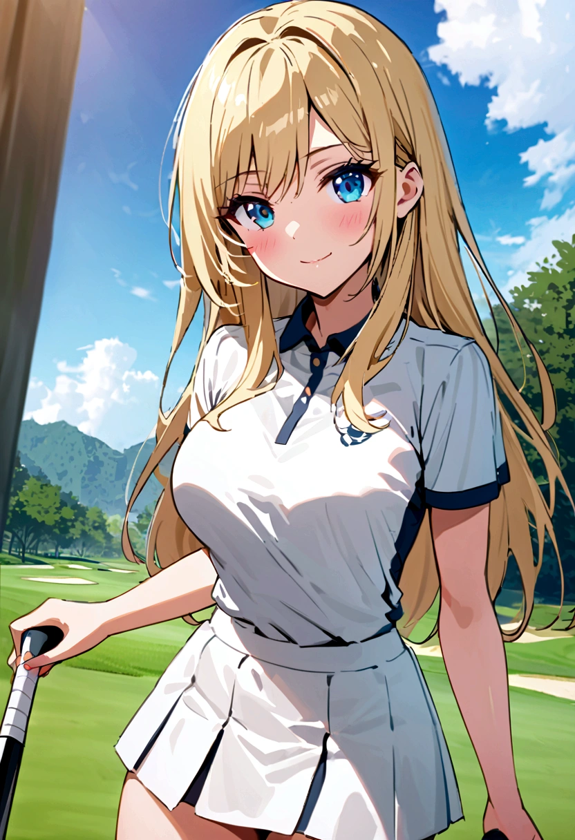 sound high resolution 8k beauty Woman playing golf Golf course Beautiful woman semi-long Blonde White Golf Wear mini skirt smile looking at the camera Sunburn mark victory tall