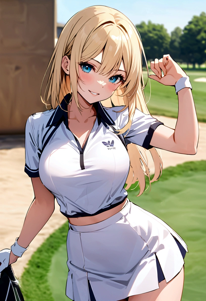 sound　high resolution　8k beauty　Woman playing golf　Golf course　Beautiful woman　semi-long　Blonde　White　Golf Wear　mini skirt　smile　　looking at the camera　Sunburn mark　　victory　tall