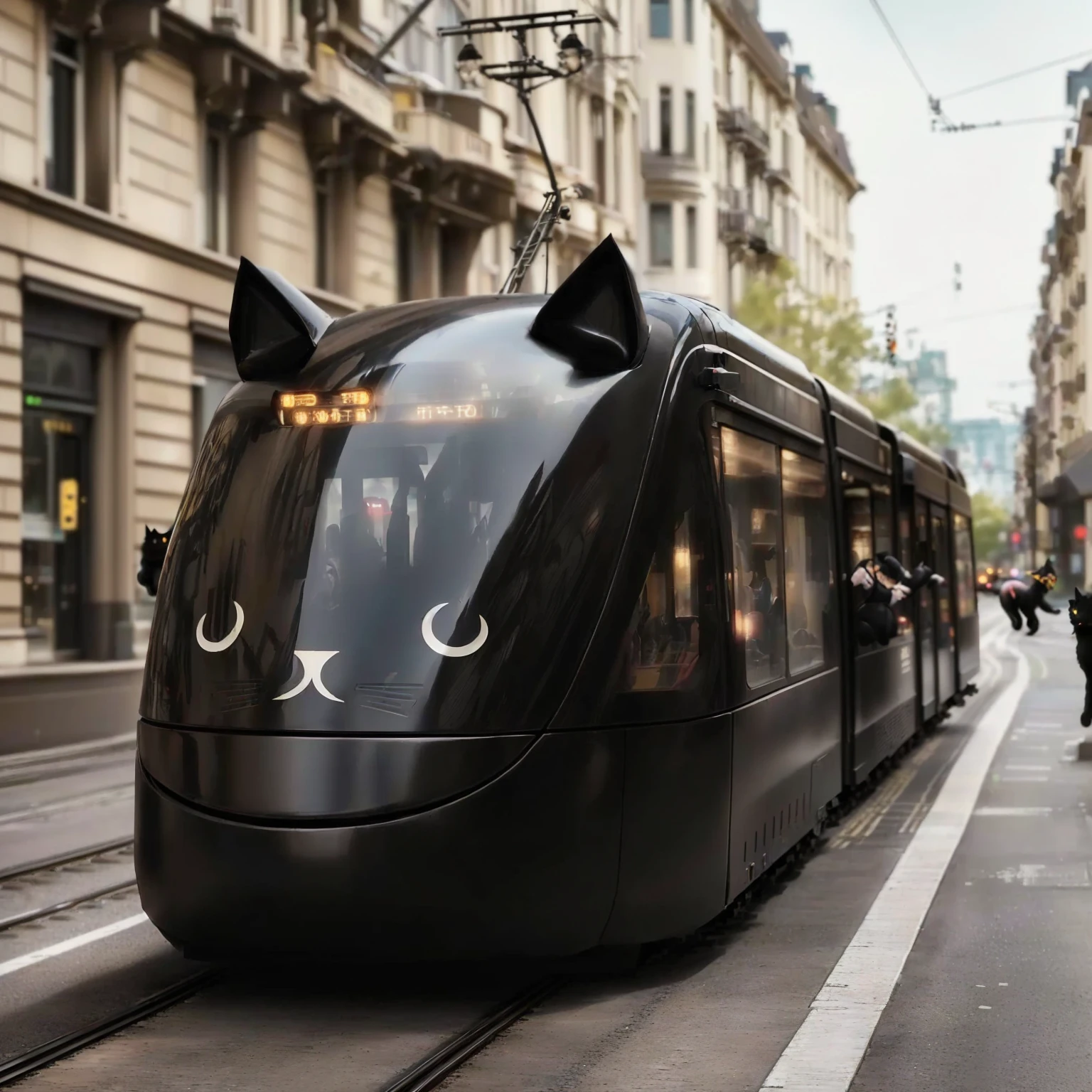 arafly shaped black cat train on tracks in city setting, street tram, trams, black cat in a city made of yarn, trams ) ) ), tram, charging through city, by Karl Stauffer-Bern, julia hetta, by Etienne Delessert, incredible quality, 🕹️ 😎 🔫 🤖 🚬, by Matija Jama, interesting