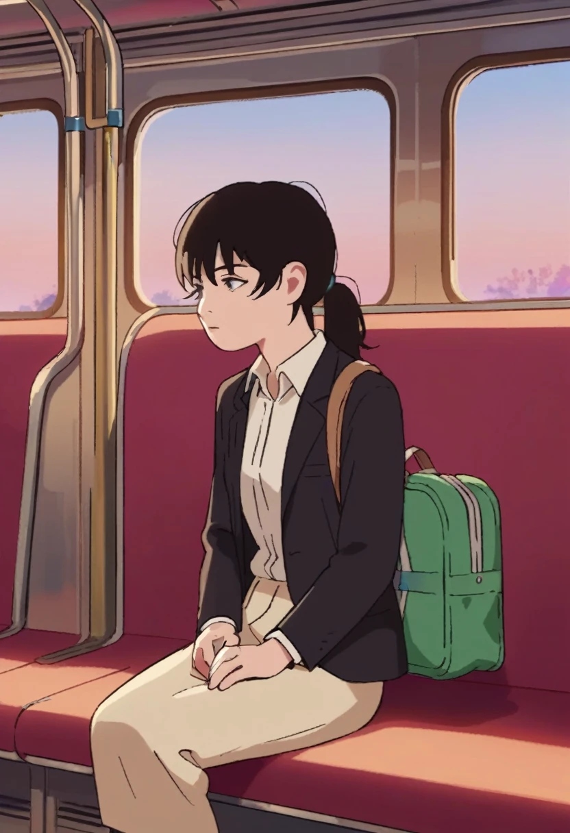 score_9_up score_8_up score_7_up, source_anime, 1girl solo, long hair, ponytail, bangs, black hair, short hair, black eyes, formal, suit, black jacket, white shirt, train interior, bag
