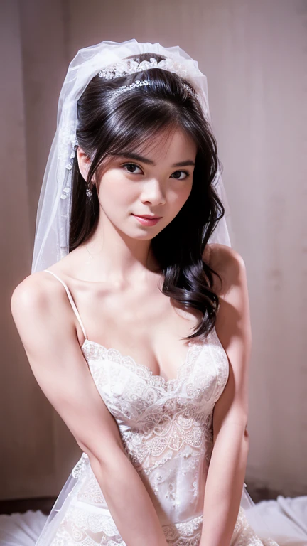 (1girl), ponytail, Extremely cute face, Amazing face and eyes, (Highly detailed eyes, Highly detailed face), fresh, Very clean appearance, (Hyper-realistic, hight resolution), (Best Quality:1.4), (hyper quality), Authentic skin texture, Raw photo, (Realistic, Photorealsitic:1.37), highly detailed, Professional Photography, (beautiful lace bridal dress:1.5), (lace bridal dress with open front), (cleavage:1.2), (Bare shoulders), Smile slightly, (Staring at me), luxury living room, girl portrait, small breasts