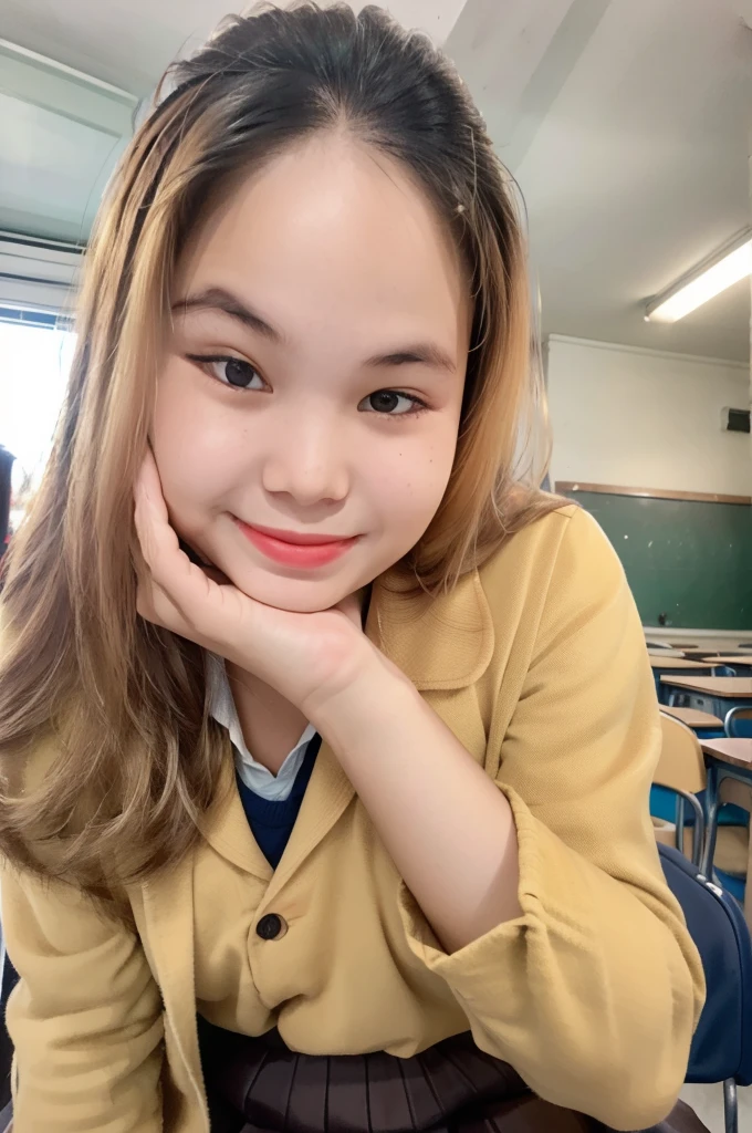 best quality, face focus, soft light, (depth of field) ,ultra high res, (photorealistic:1.4), RAW photo,
1 girl, solo, cute, (shy, smile:1.1), (brown eyes),  detailed beautiful face, (long hair ), 
High School Classroom, (sit chair),
(school uniform:1.4,dark brown skirt,light brown shirt)